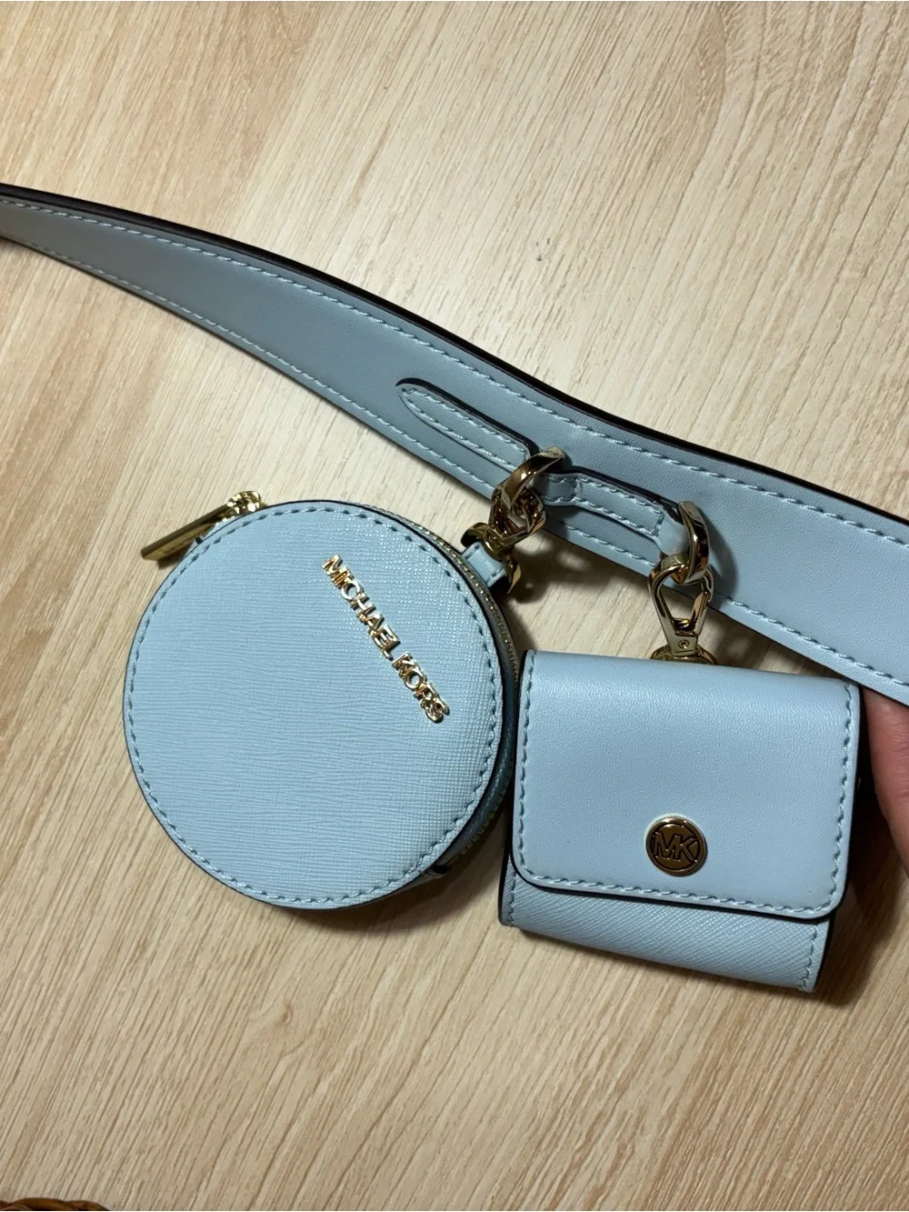 Michael Kors Pale Blue Saffiano Leather Shoulder Bag with Gold Hardware